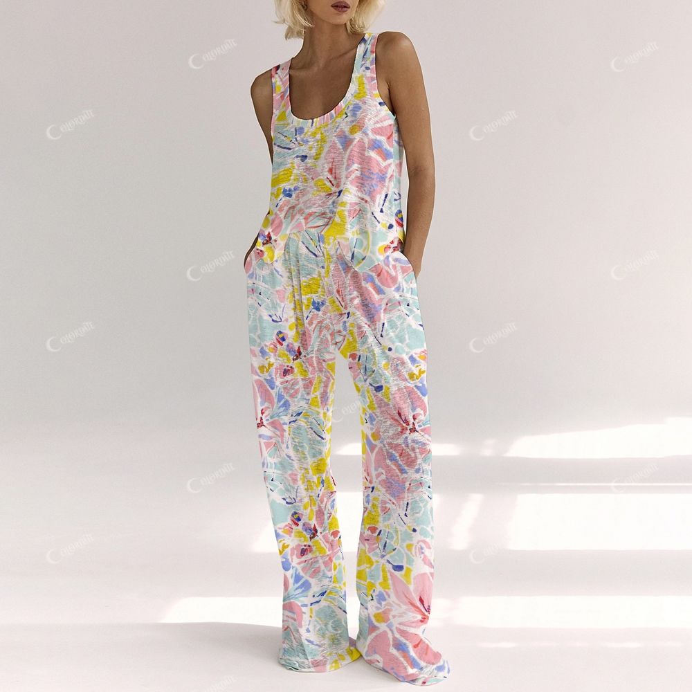 Colordate Women's Flower Print Vest and Pants Set
