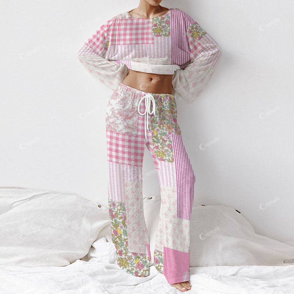 Colordate Women's Floral Checkered Patchwork Print Long Sleeve Cotton Homewear Set