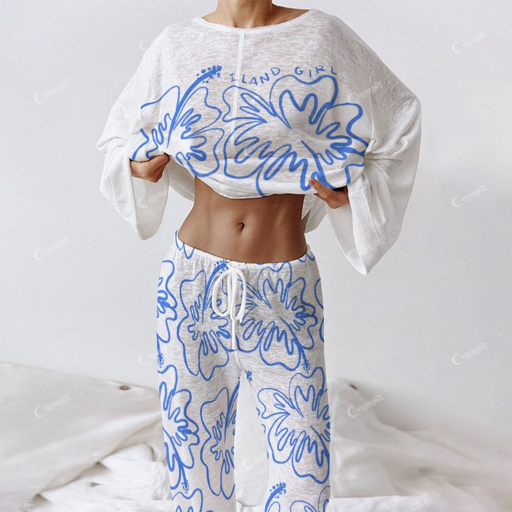 Colordate Women's Hawaiian Flower Print Long Sleeve Cotton Homewear Set