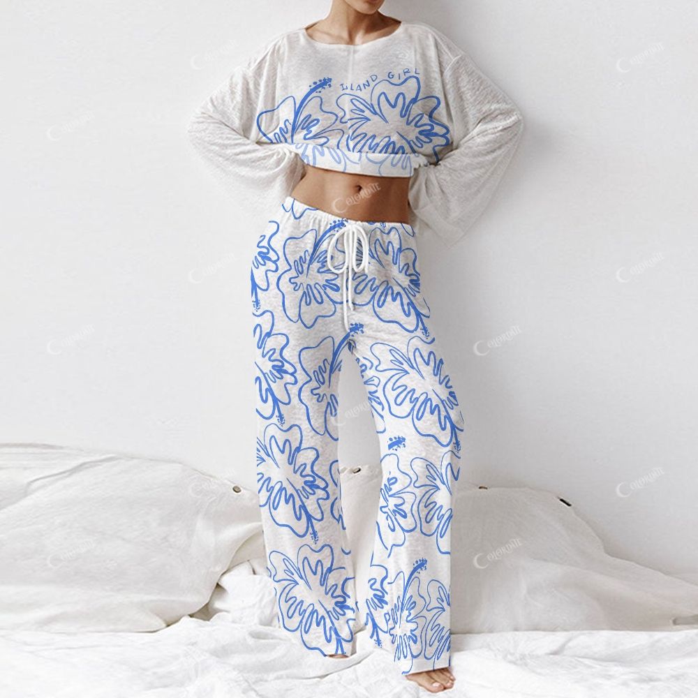 Colordate Women's Hawaiian Flower Print Long Sleeve Cotton Homewear Set