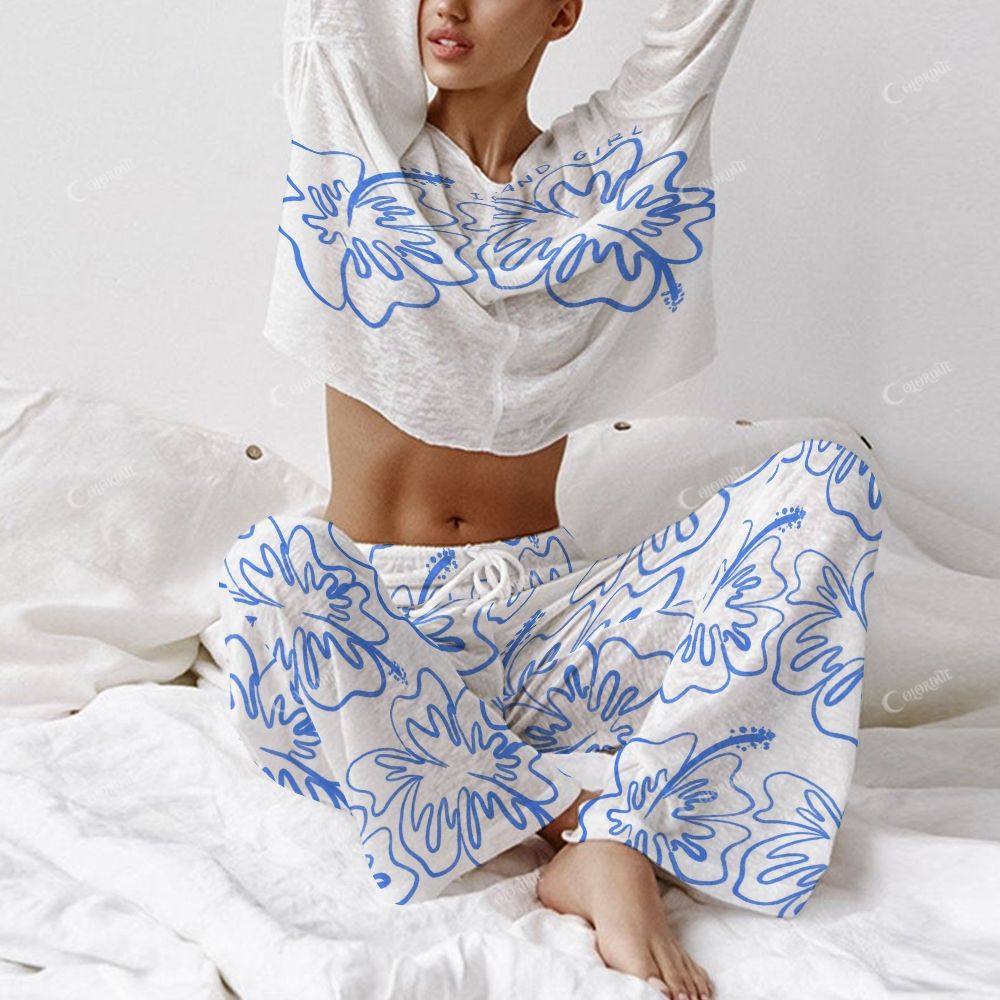 Colordate Women's Hawaiian Flower Print Long Sleeve Cotton Homewear Set