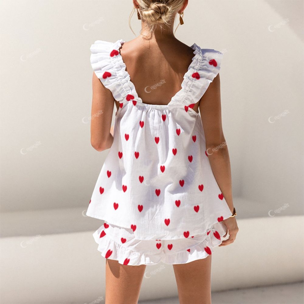 Colordate Tender Hug Heart Print Short Tank Top Shorts Pajama Set