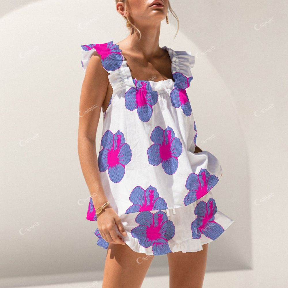 Colordate Blue-Purple Floral Print Short Tank Top Shorts Pajama Set