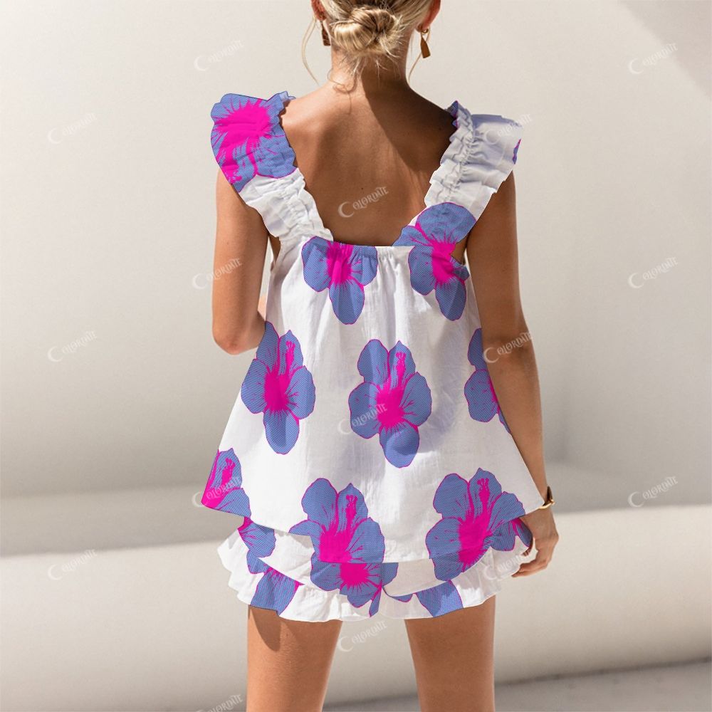 Colordate Blue-Purple Floral Print Short Tank Top Shorts Pajama Set