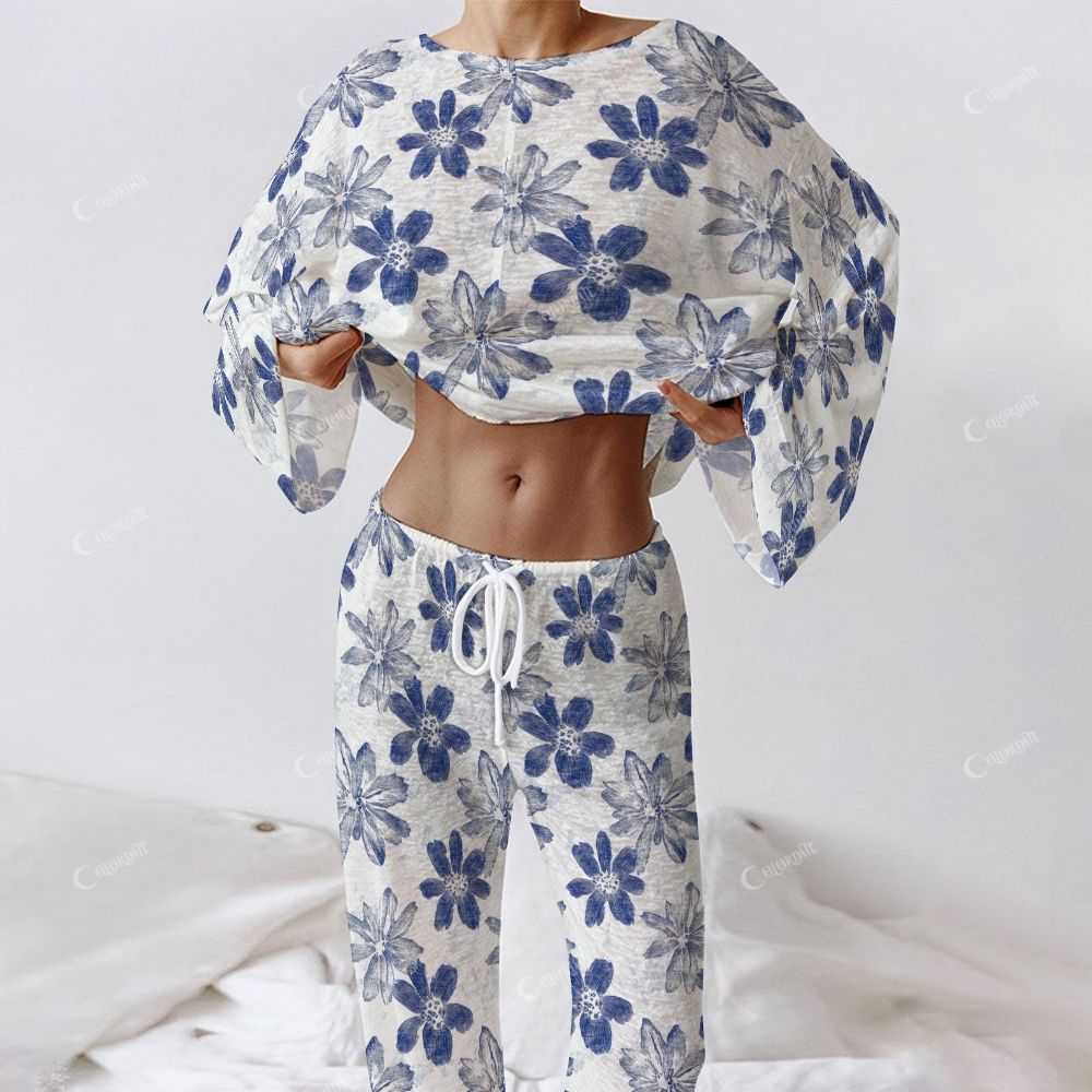 Colordate Women's Blue Floral Print Long Sleeve Cotton Homewear Set