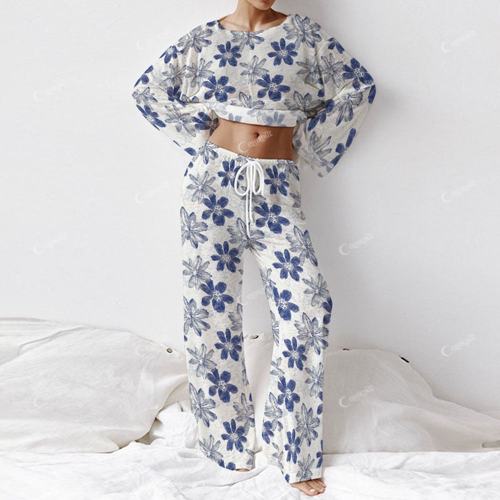 Colordate Women's Blue Floral Print Long Sleeve Cotton Homewear Set