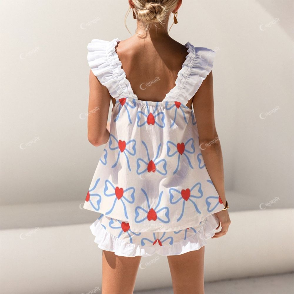 Short Tank Top Shorts Blue Bow Heart Printed Pajama Set