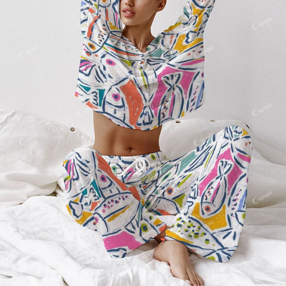 Women's Colorful Fish Art Long Sleeve Cotton Homewear Set