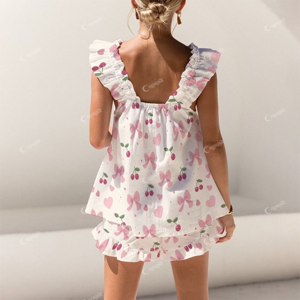 Colordate Bow And Cherry Print Short Tank Top Shorts Pajama Set