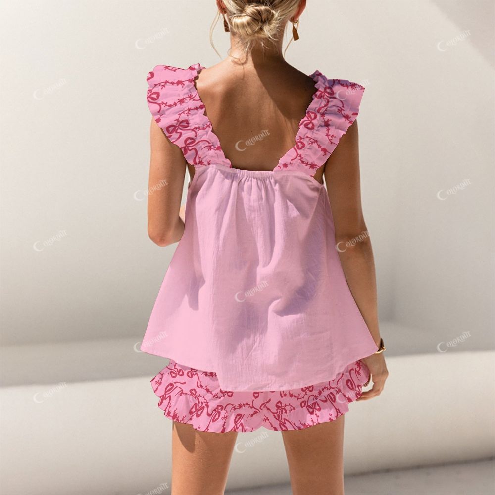 Colordate Pink Bow Print Short Tank Top Shorts Pajama Set