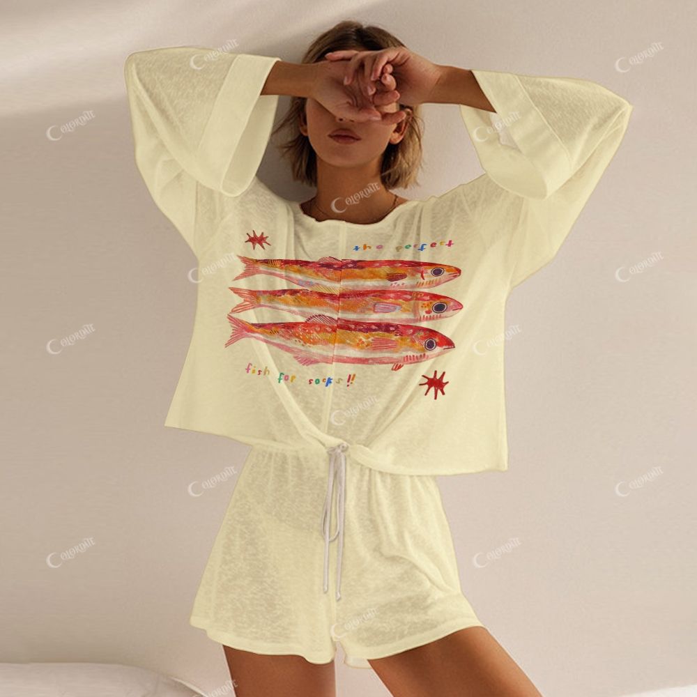 Colordate Women's Fish Print Long Sleeve Shorts Set