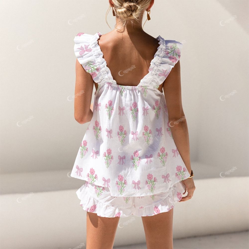Colordate Love Whisper Bows And Flower Prints Short Tank Top Shorts Pajama Set