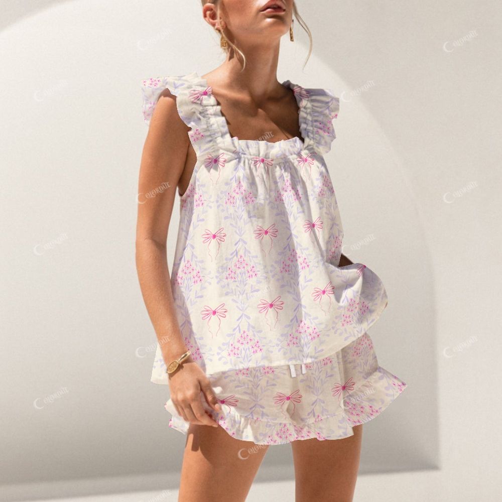 Colordate Pink Bow Print Short Tank Top Shorts Pajama Set