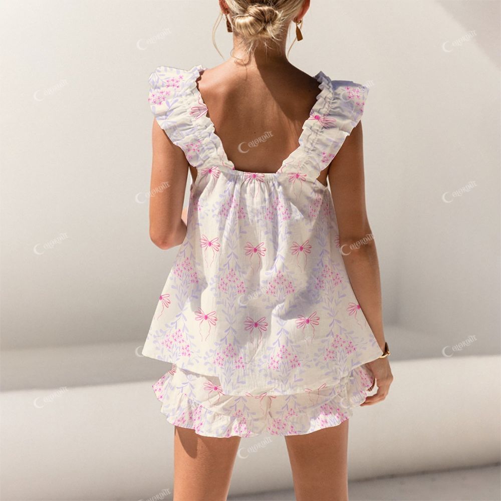 Colordate Pink Bow Print Short Tank Top Shorts Pajama Set
