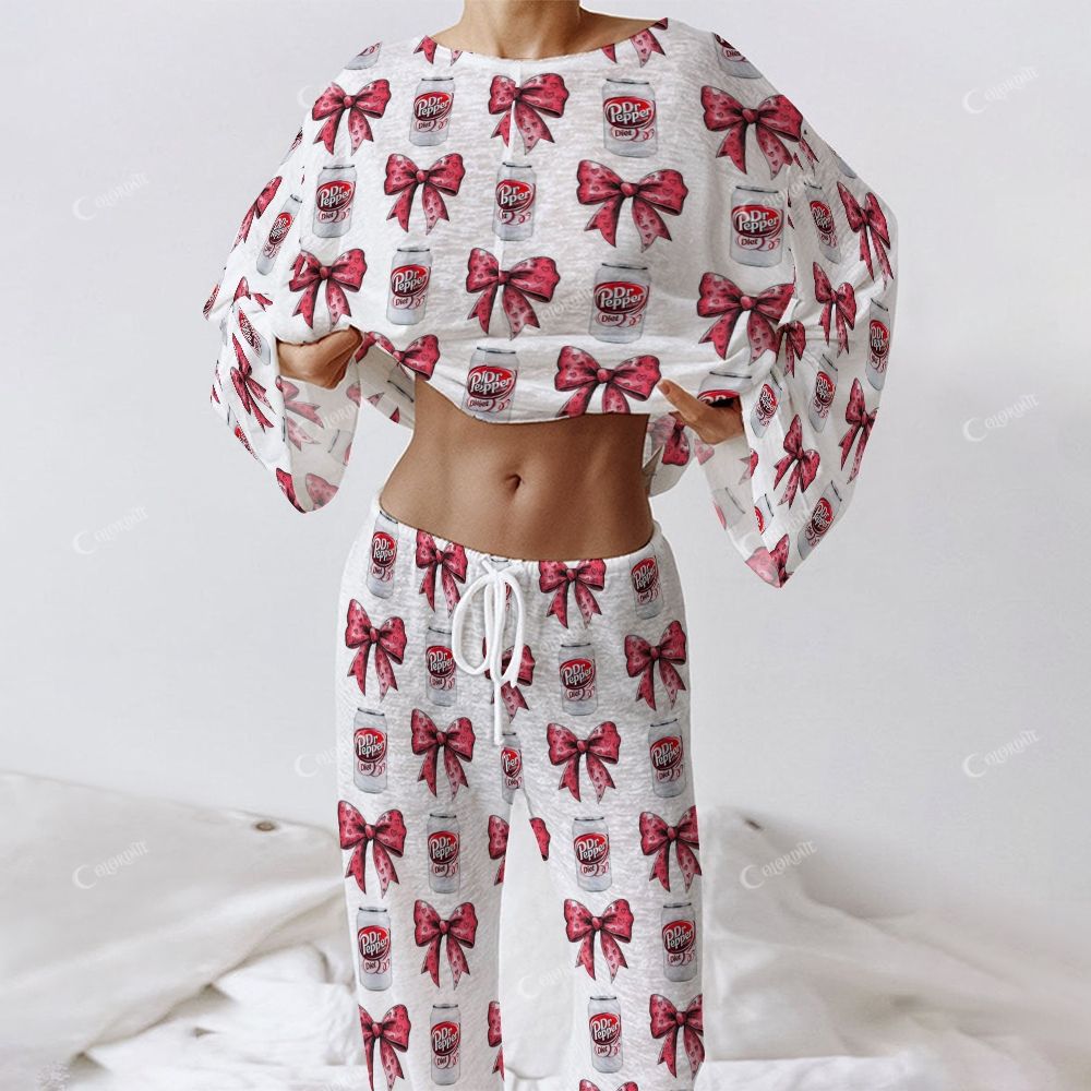 Colordate Women's Red Bow And Drink Print Long Sleeve Cotton Homewear Set