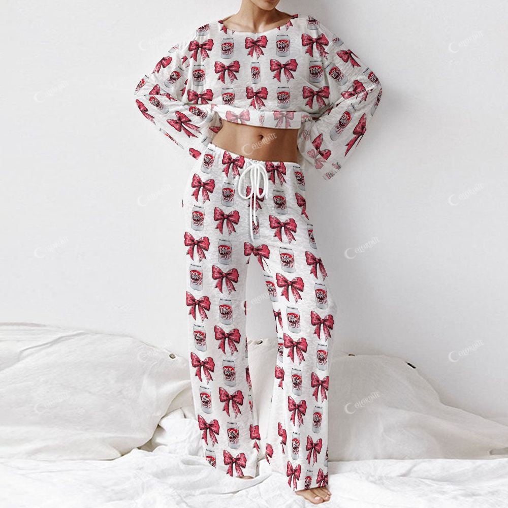 Colordate Women's Red Bow And Drink Print Long Sleeve Cotton Homewear Set