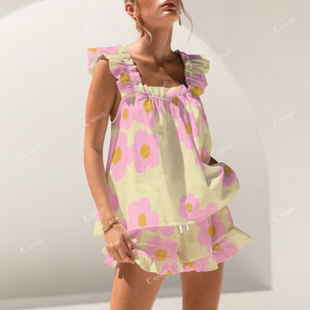 Colordate Pink Flower Print Short Tank Top Shorts Pajama Set