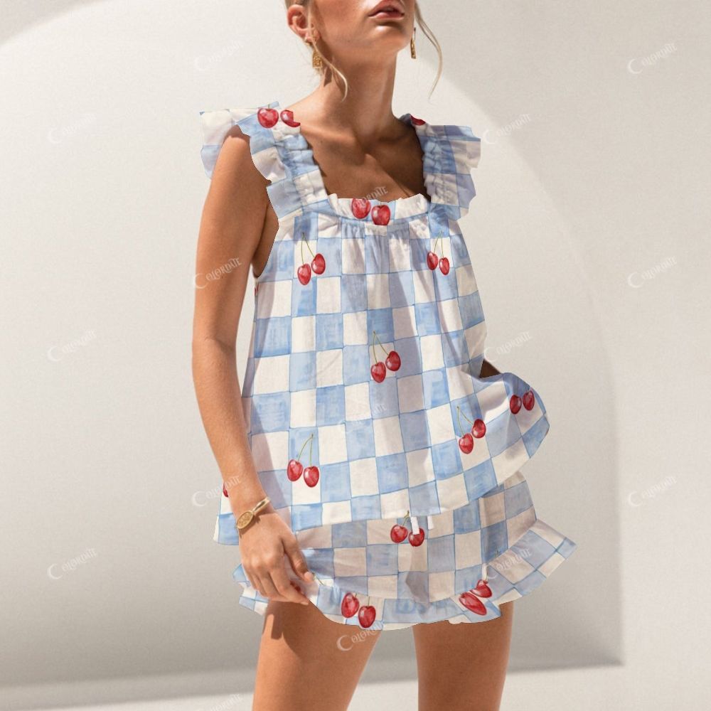 Short Tank Top Shorts Blue Plaid Cherry Pajama Set