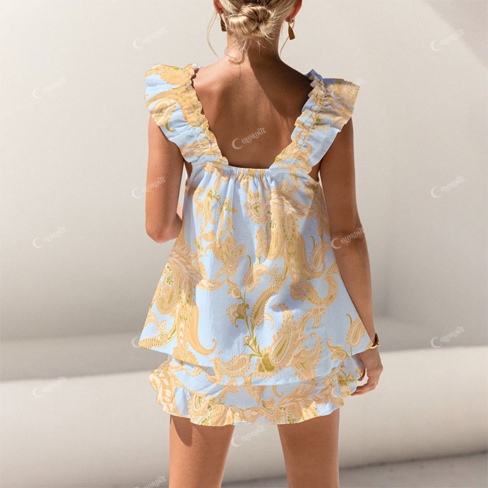 Colordate Yellow Pattern Print Short Tank Top Shorts Pajama Set