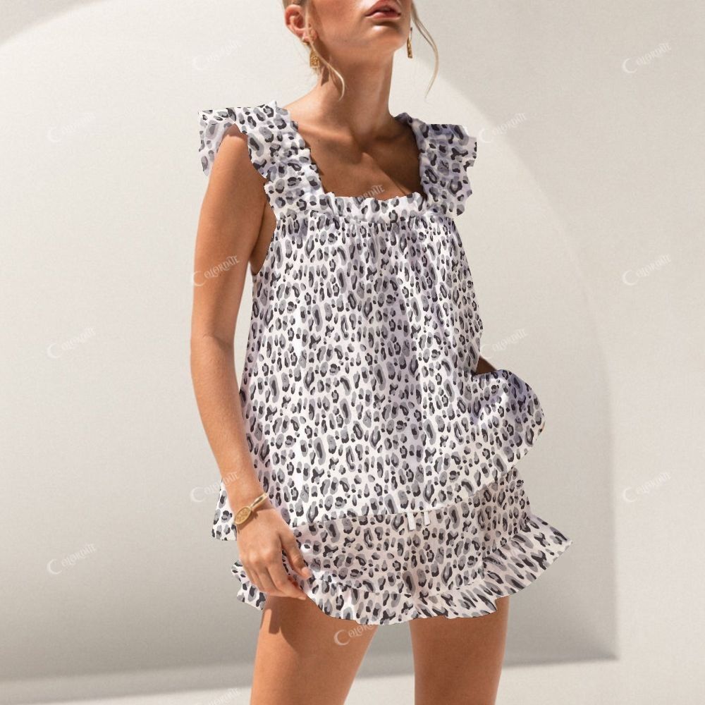 Colordate Black Leopard Print Short Tank Top Shorts Pajama Set