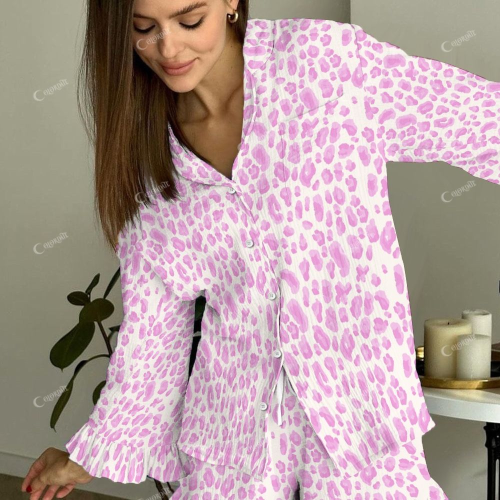 Colordate Women's Pink Leopard Vintage Printed Linen Cotton Suit