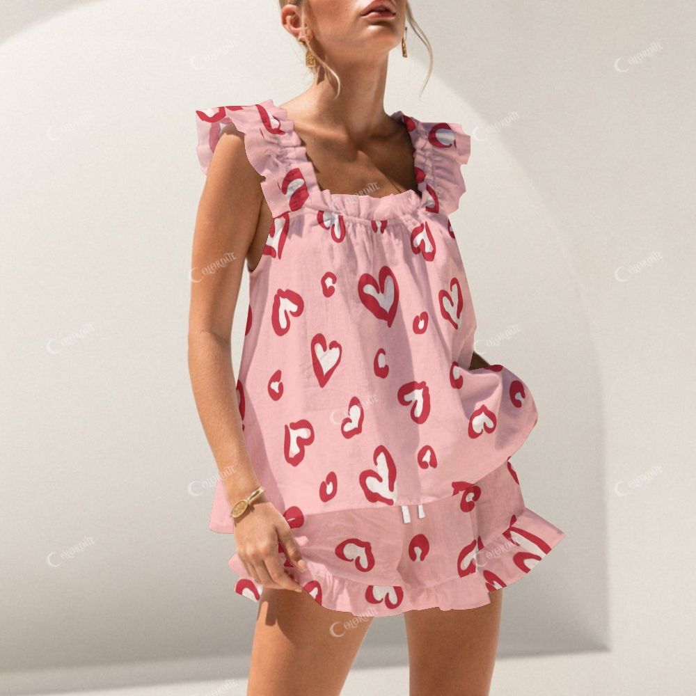 Short Tank Top Shorts Pink Heart Leopard Pajama Set