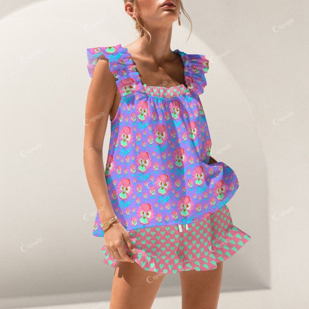 Colordate Dopamine-Contrasting Color Floral Print Short Tank Top Shorts Pajama Set