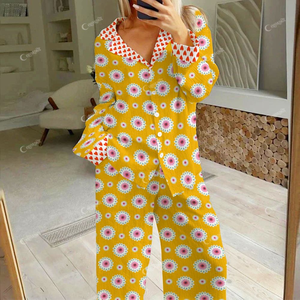 Colordate Women's Flowers Print Cotton Cardigan Homewear Set