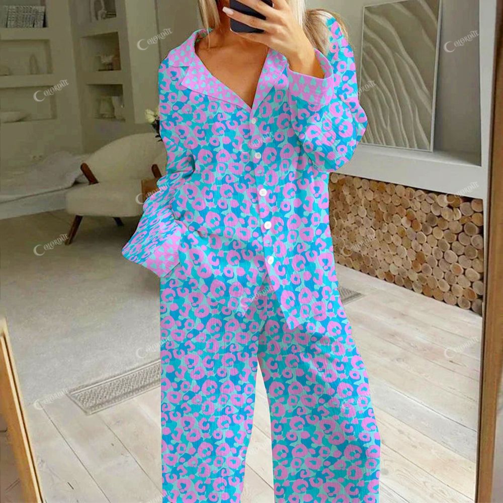 Colordate Women's Blue-Purple Leopard Print Cotton Cardigan Homewear Set