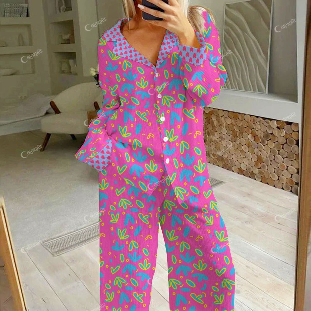 Colordate Women's Dopamine Color Series Print Cotton Cardigan Homewear Set