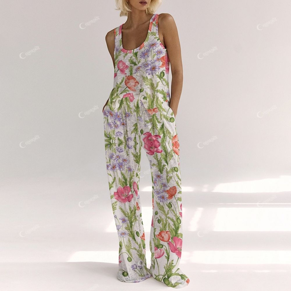 Women's Colorful Flower Art Vest and Pants Set