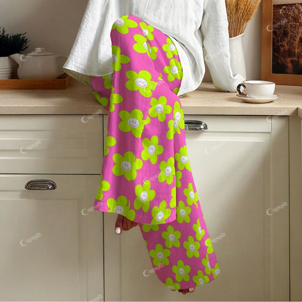Colordate Women's Fluorescent Green Flowers Print Cotton Cardigan Homewear Set