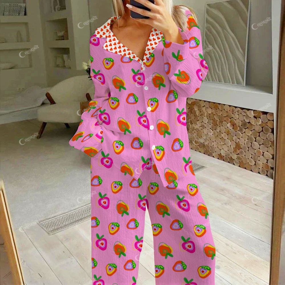 Colordate Women's Strawberry Print Cotton Cardigan Homewear Set