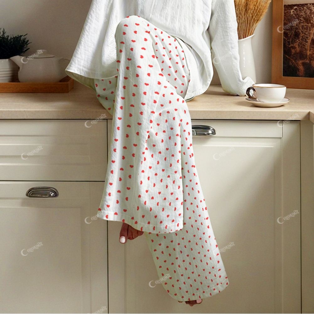 Colordate Women's Red Heart Print Cotton Cardigan Homewear Set