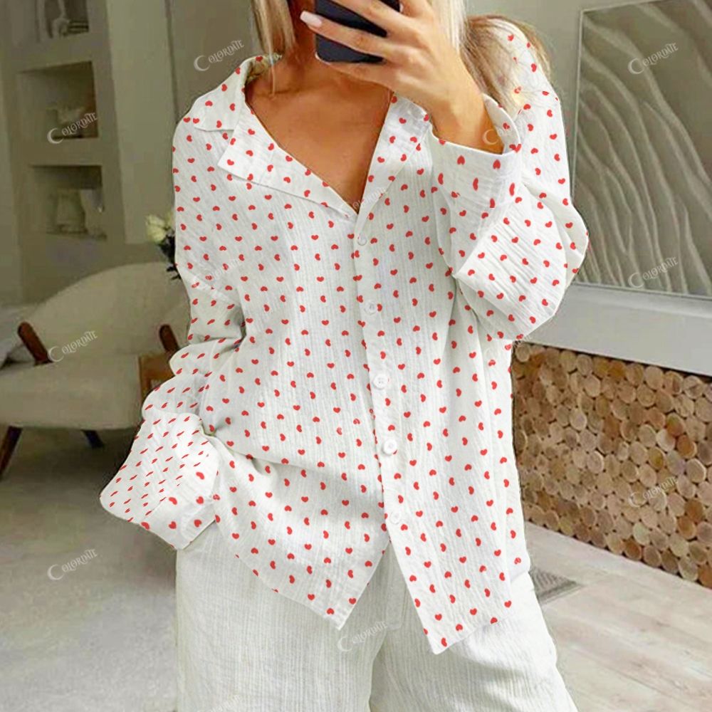 Colordate Women's Red Heart Print Cotton Cardigan Homewear Set