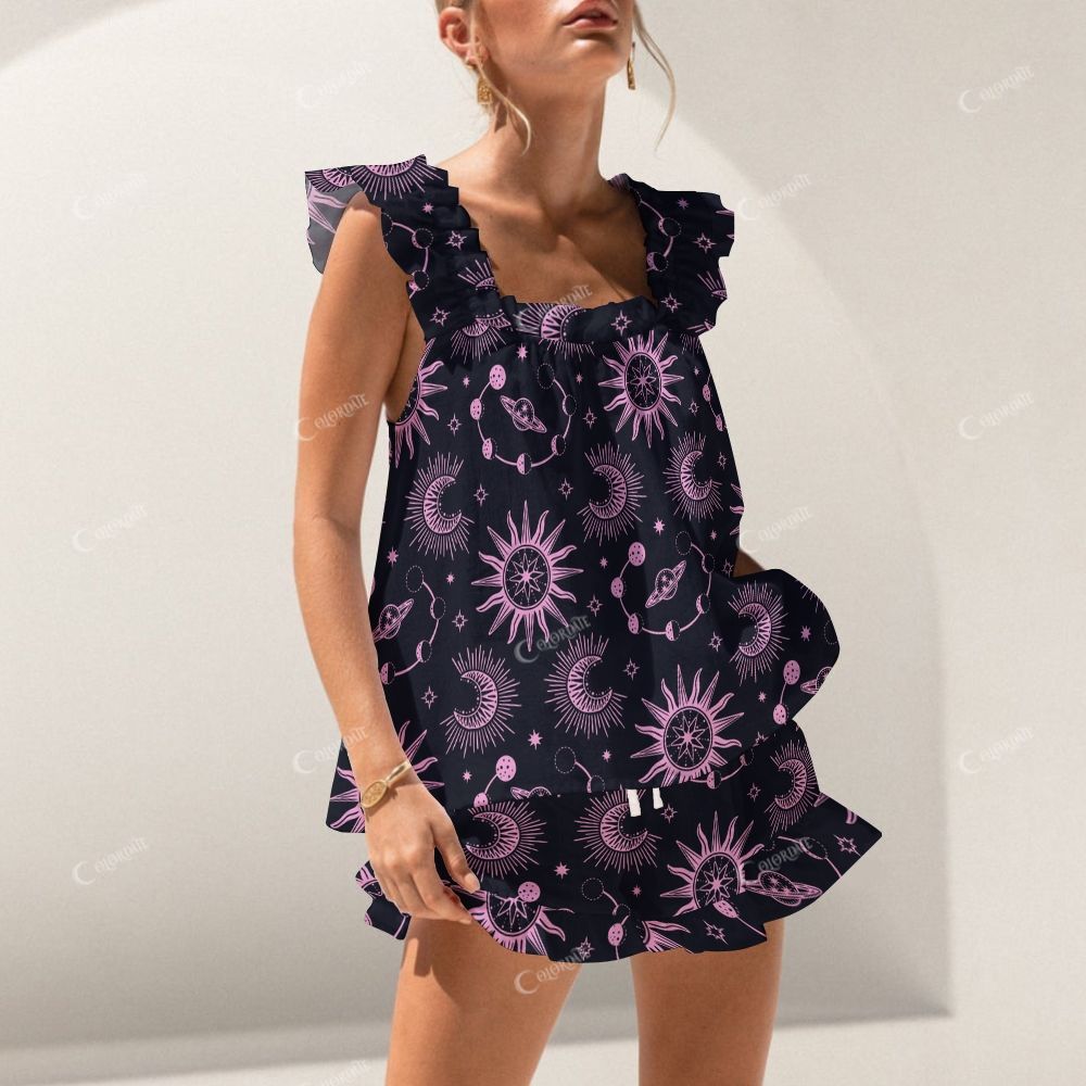 Colordate Planet Print Short Tank Top Shorts Pajama Set