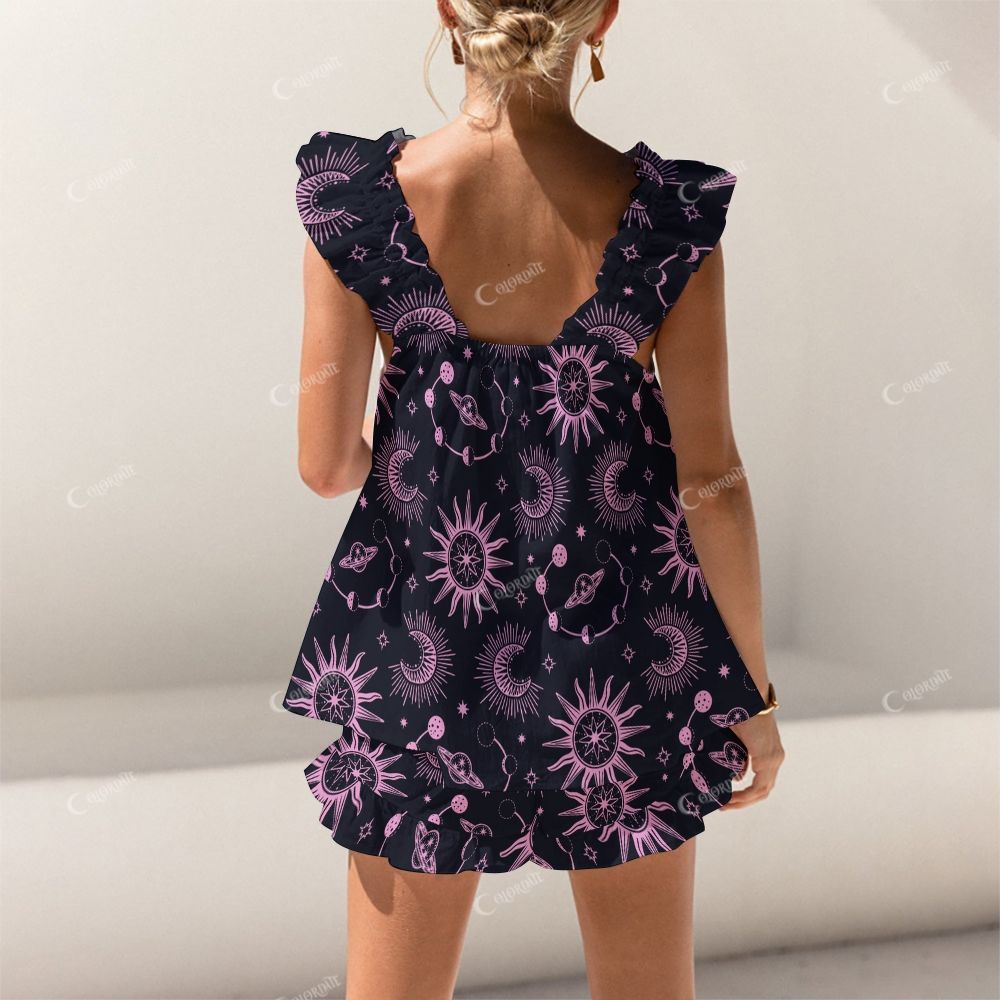 Colordate Planet Print Short Tank Top Shorts Pajama Set