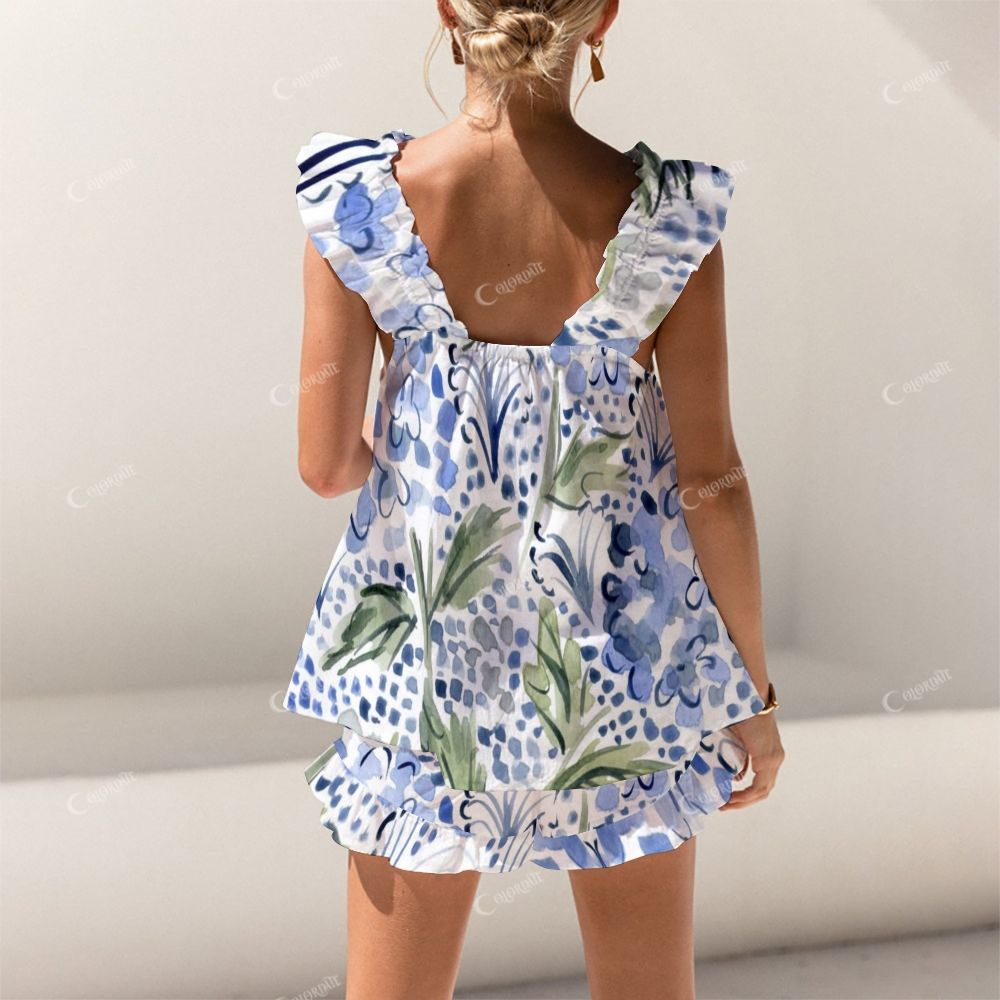 Short Tank Top Shorts Blue Flower Ink Art Pajama Set