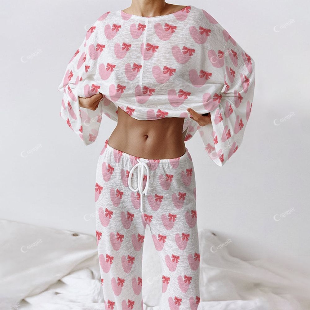 Colordate Women's Bow Knot Print Long Sleeve Cotton Homewear Set