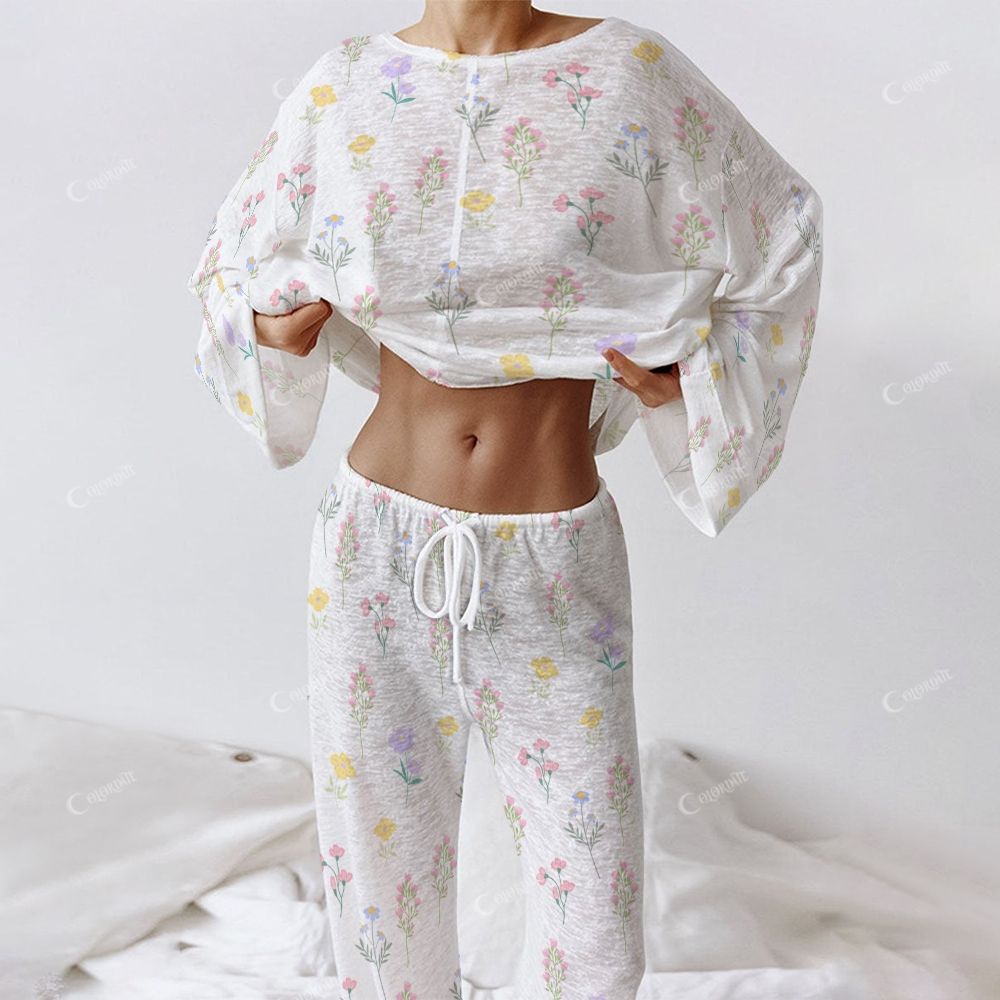 Colordate Women's Flower Print Long Sleeve Cotton Homewear Set