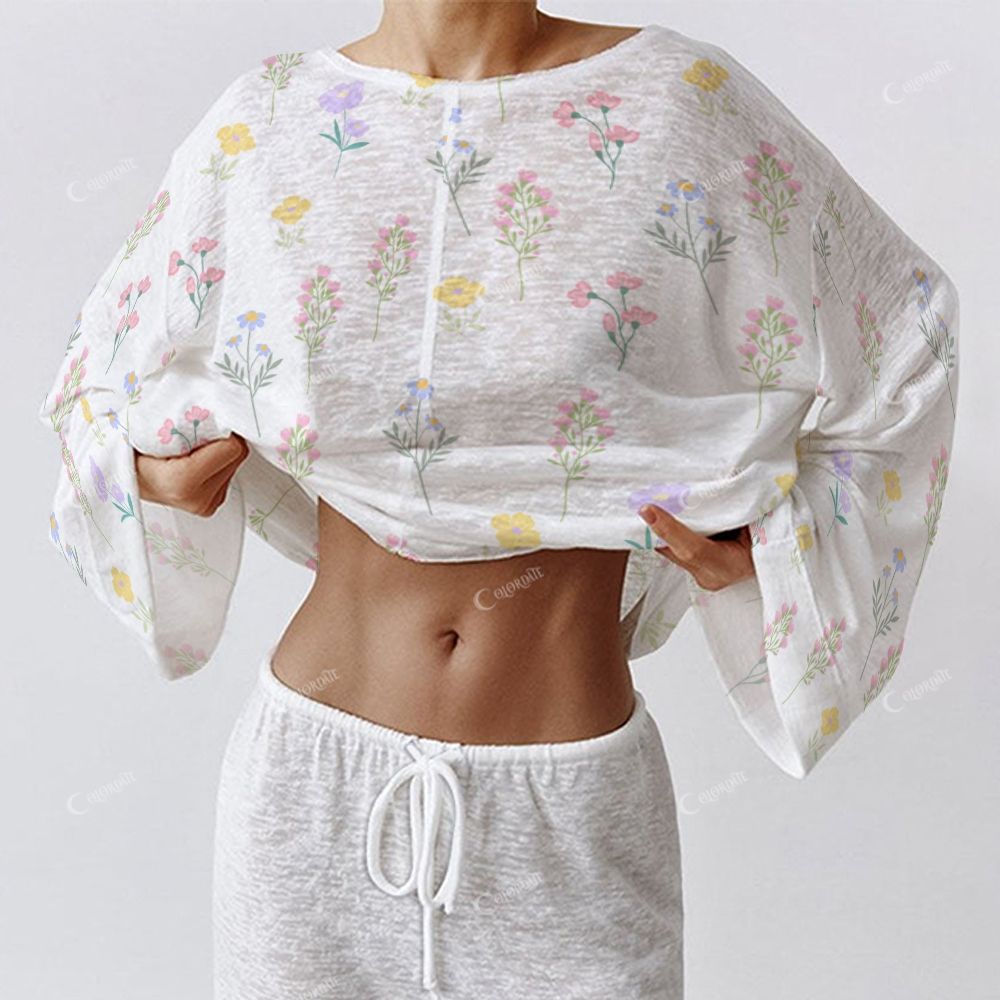 Colordate Women's Flower Print Long Sleeve Cotton Homewear Set