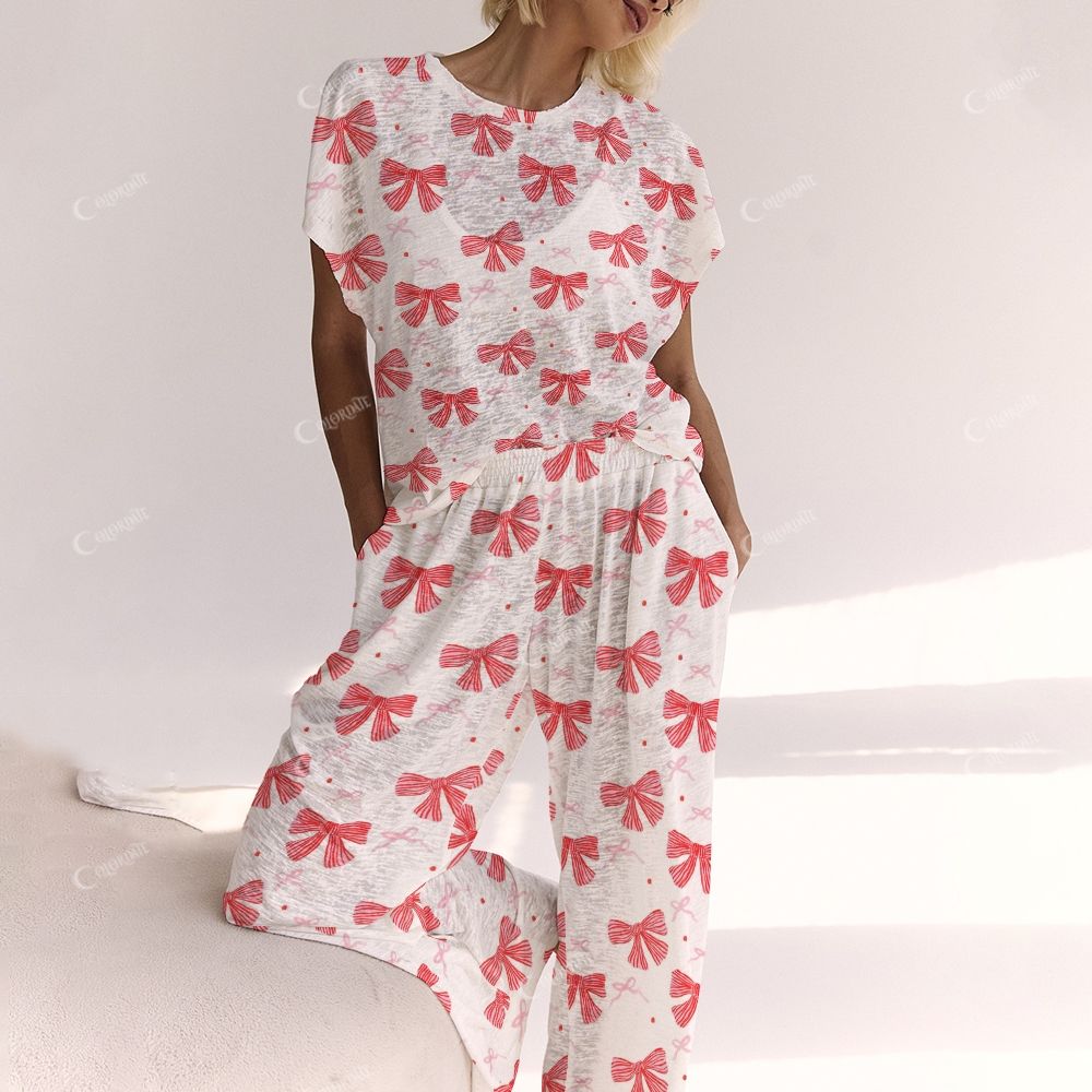 Colordate Red Bow Print Ladies  Lounge Suit