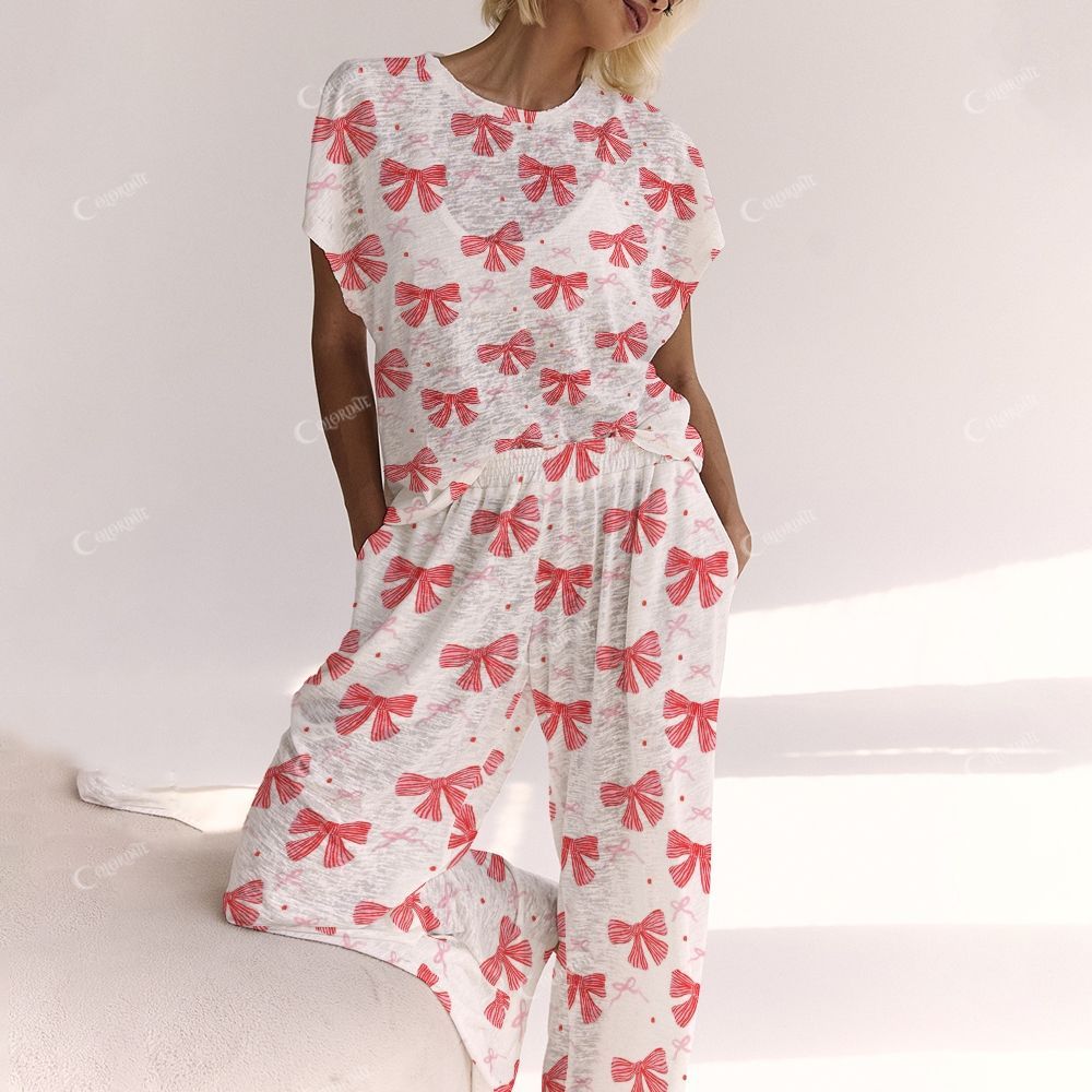 Colordate Red Bow Print Ladies Lounge Suit