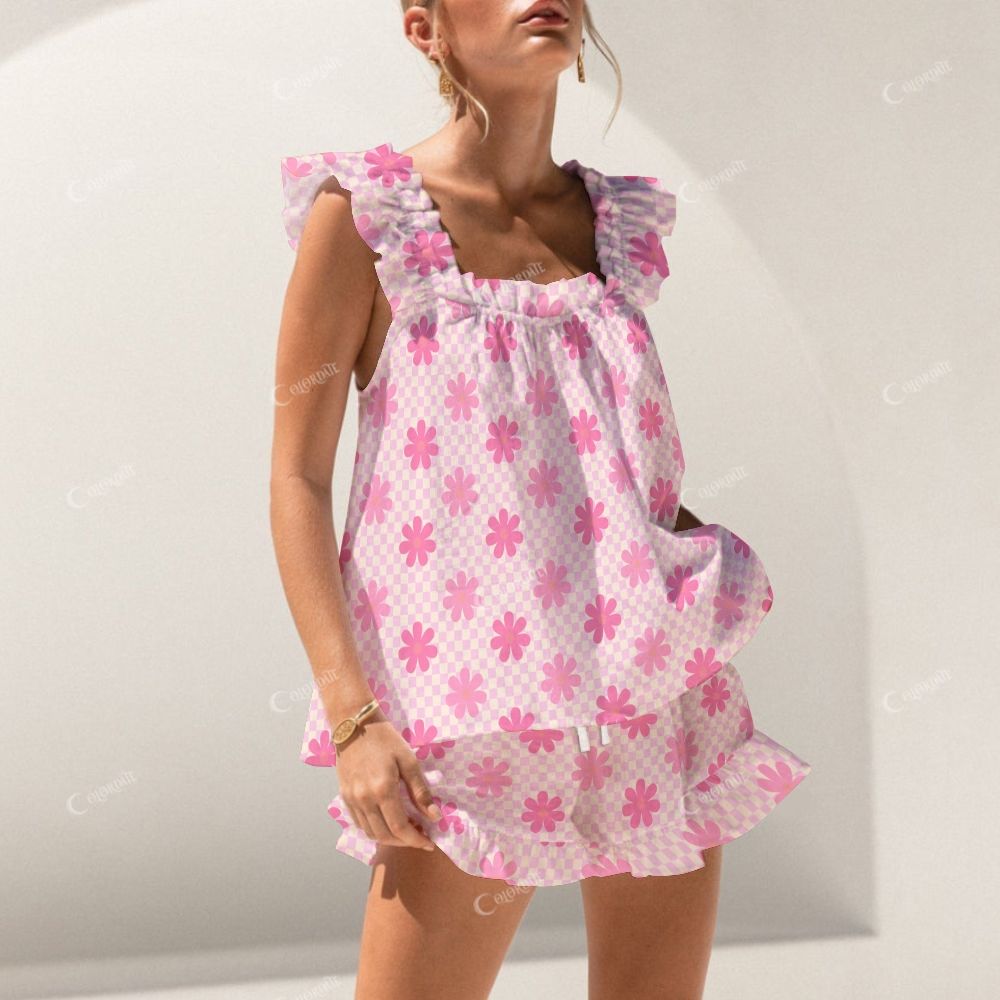 Colordate Floral And Checkered Prints Short Tank Top Shorts Pajama Set