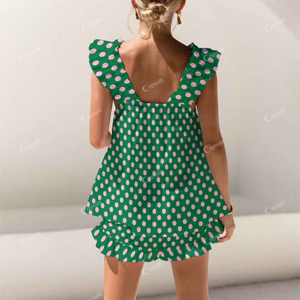 Colordate Pink Polka Dot Print Short Tank Top Shorts Pajama Set