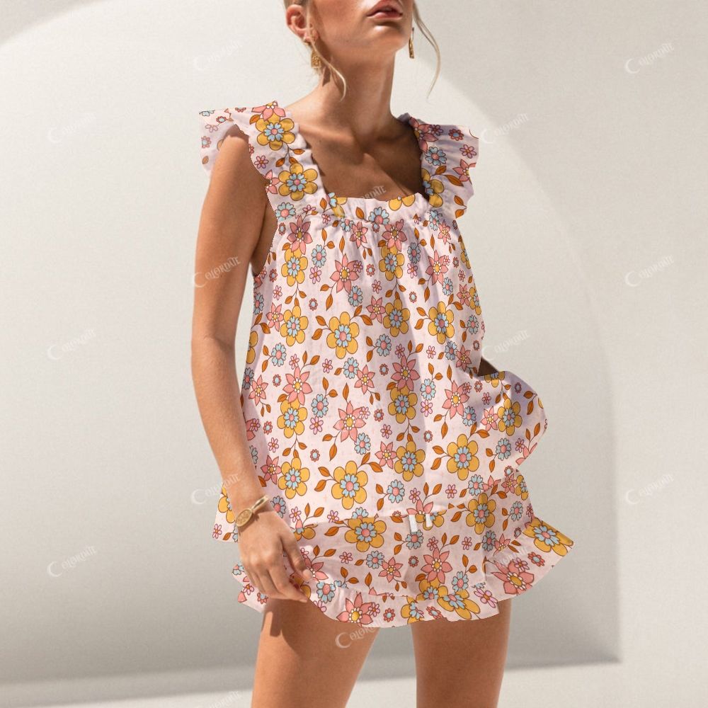 Colordate Floral Print Short Tank Top Shorts Pajama Set