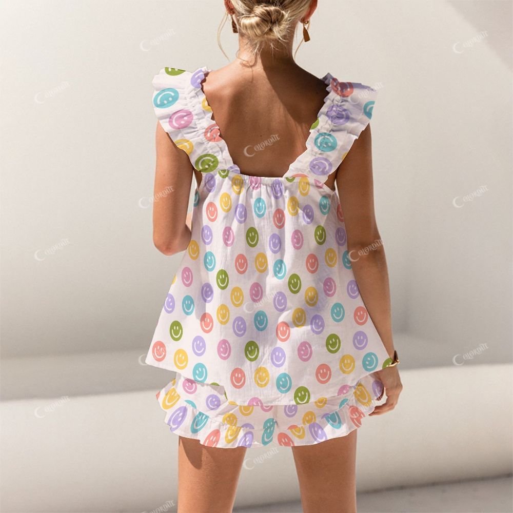 Colordate Smiley Face Print Short Tank Top Shorts Pajama Set