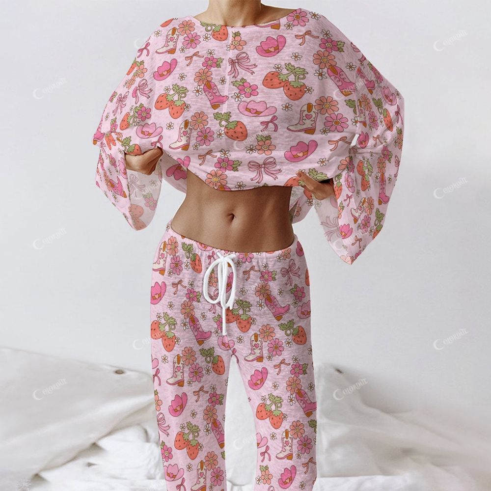 Colordate Women's Strawberry, Boot And Hat Prints Long Sleeve Cotton Homewear Set