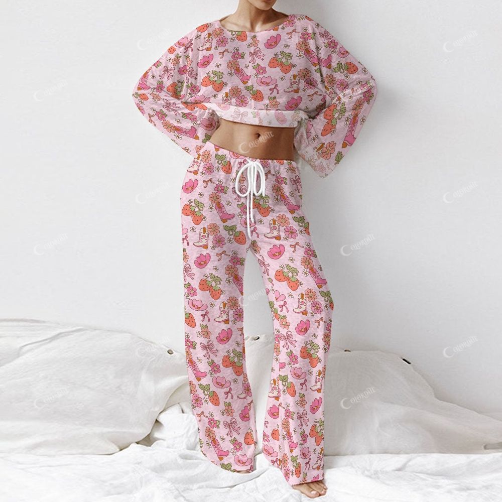 Colordate Women's Strawberry, Boot And Hat Prints Long Sleeve Cotton Homewear Set