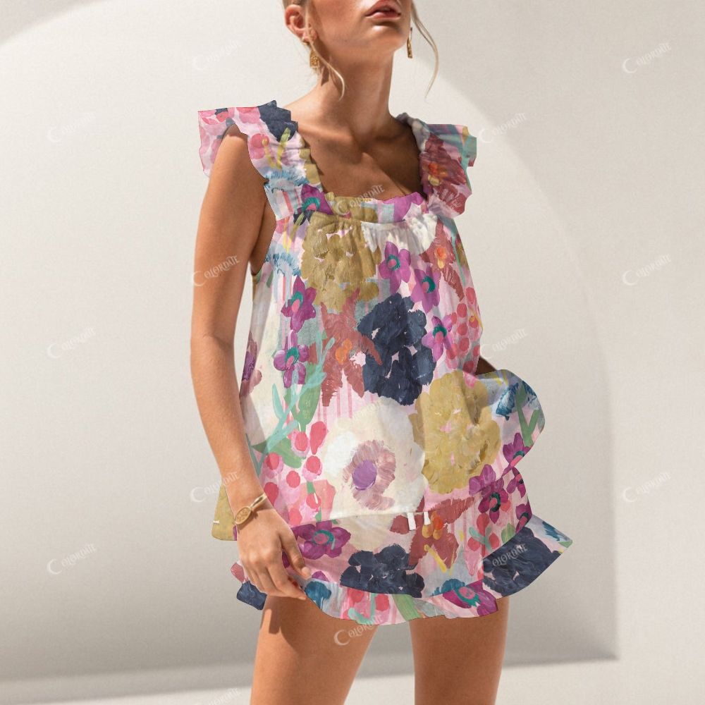 Short Tank Top Shorts Colorful Flower Art Pajama Set